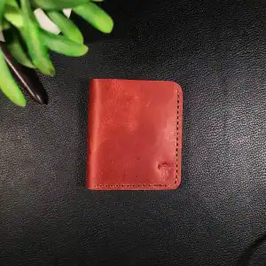 Red leather vertical smart wallet on black background with green plant.