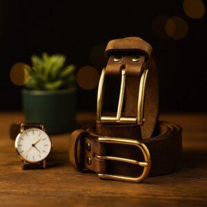 Stylish leather belt with gold buckle for men and women from Ridge N Threads Pakistan.