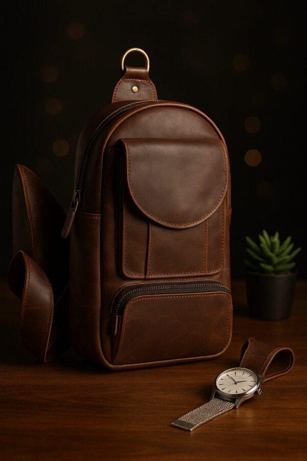 Stylish brown leather backpack with front pocket and zipper, on wooden surface.