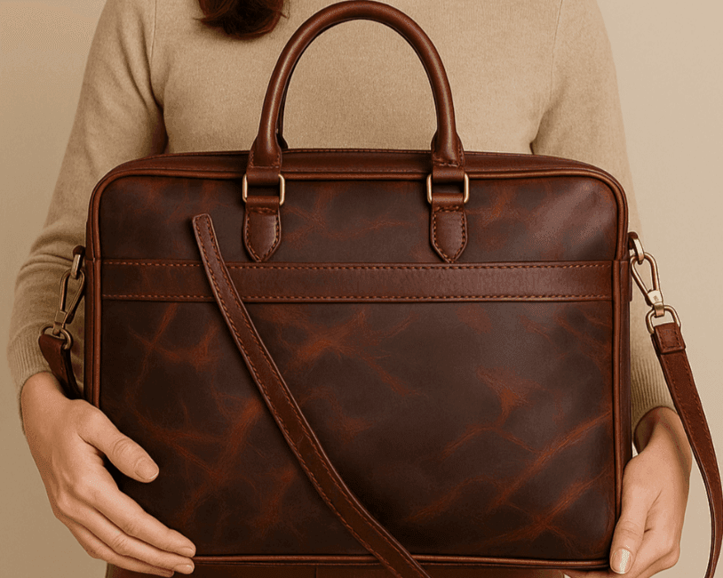 Model holding a Ridge N Threads leather bag